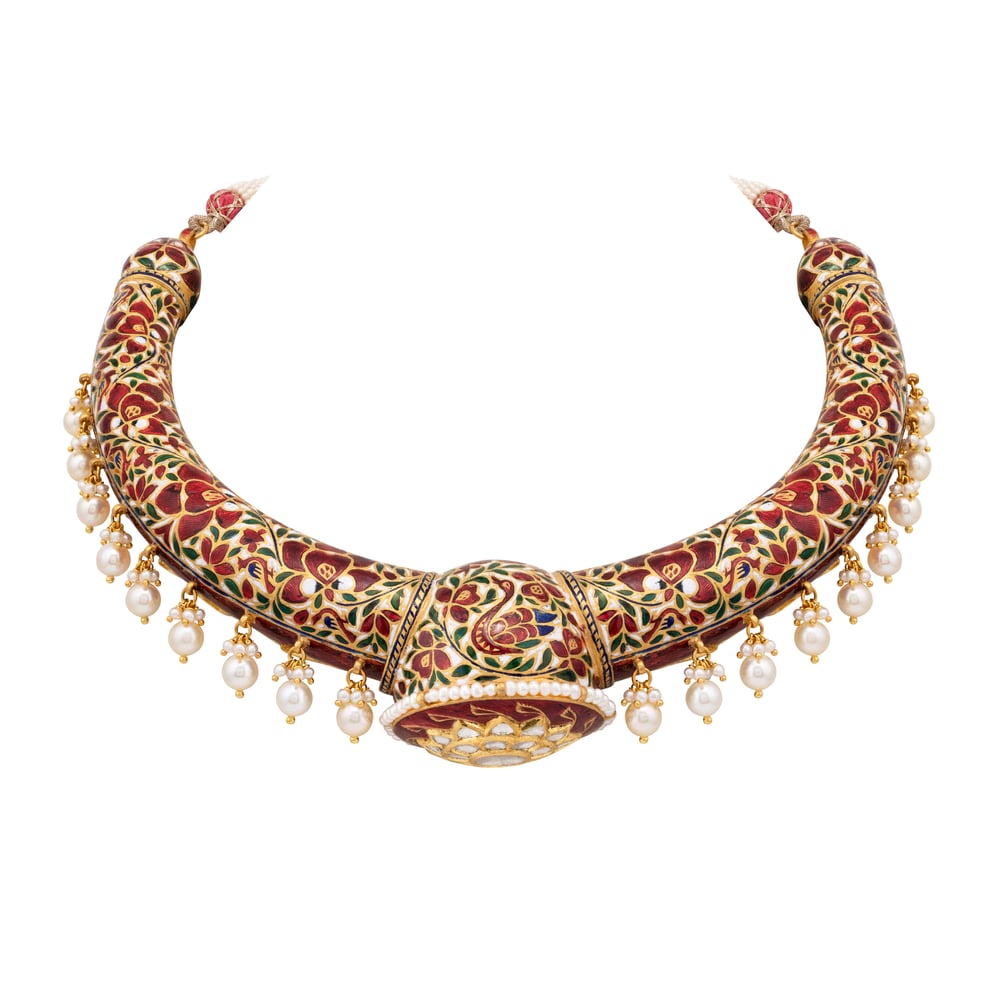Floral Polki Hasli in Red Enamel with Pearl Drops